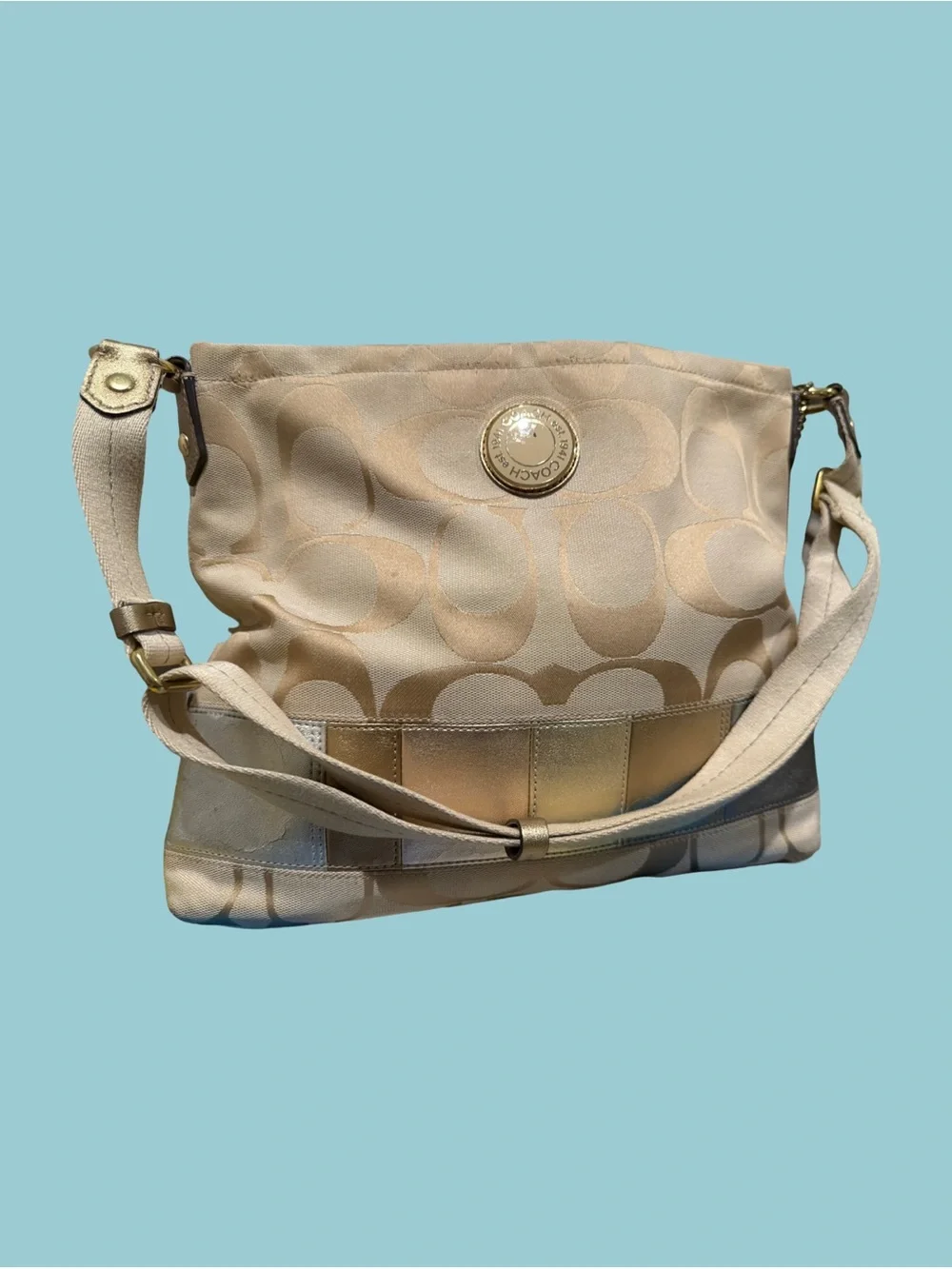 Coach Beige and Gold Signature Shoulder Bag